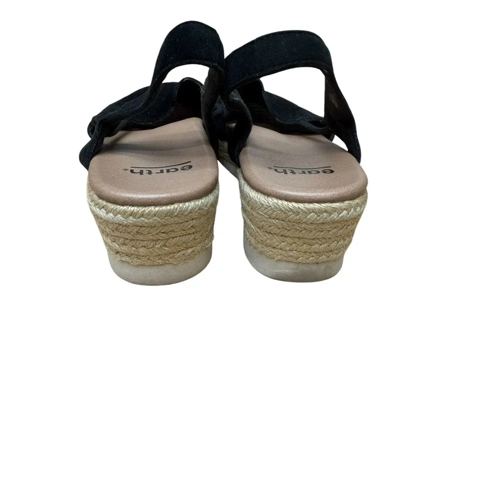 Earth Black Suede Perforated Scalloped Espadrille Wedge Sandals Womens 8.5M
